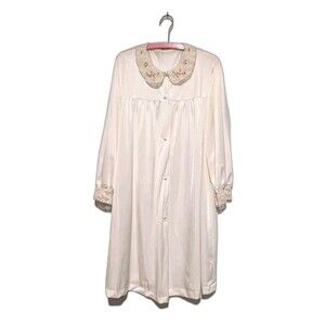 Vintage Lorraine Robe Womens Cream Nylon Lace Emb Collar Button Up L Cottagecore